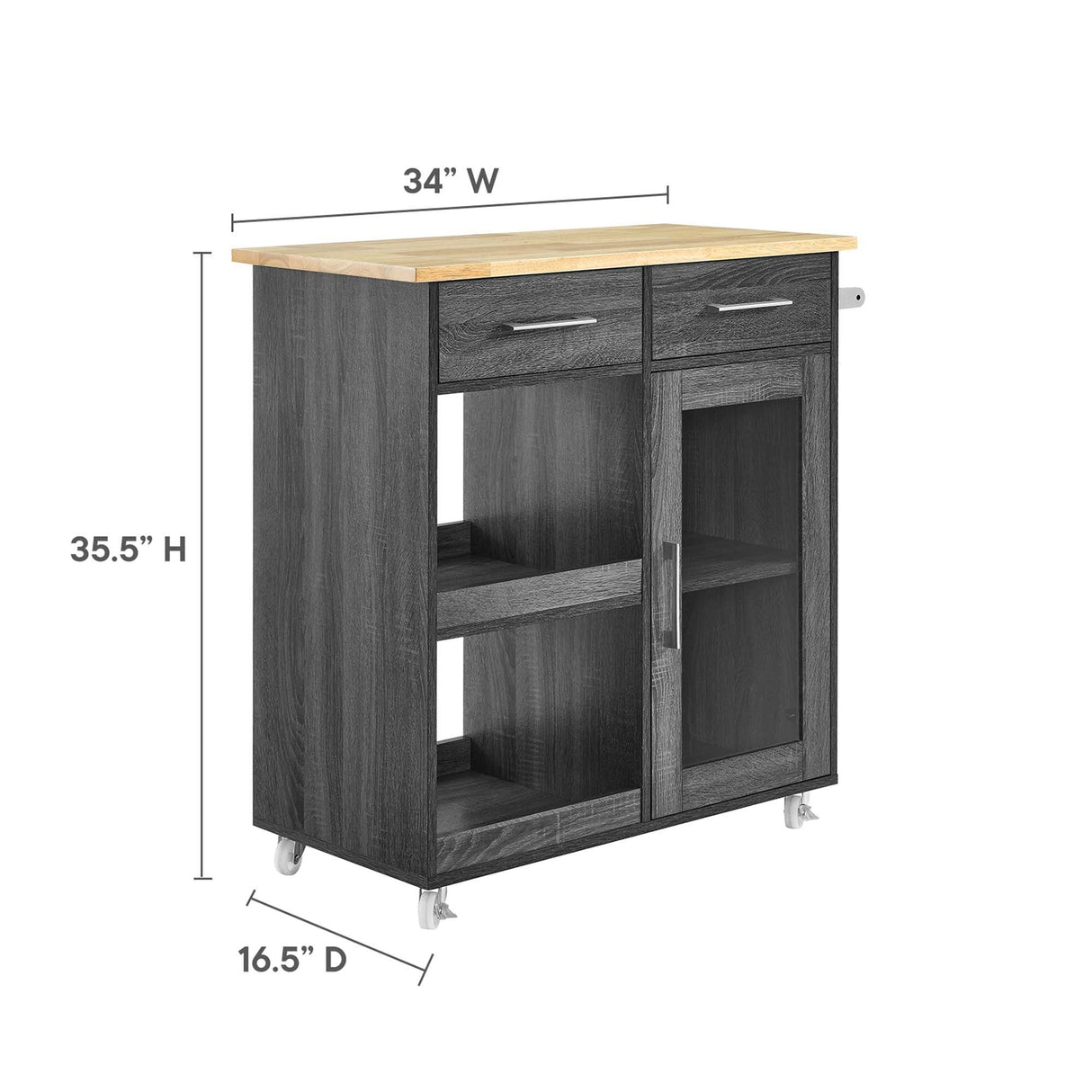 Modern Rolling Kitchen Cart with Rubberwood Top and Towel Bar β 34 Inch
