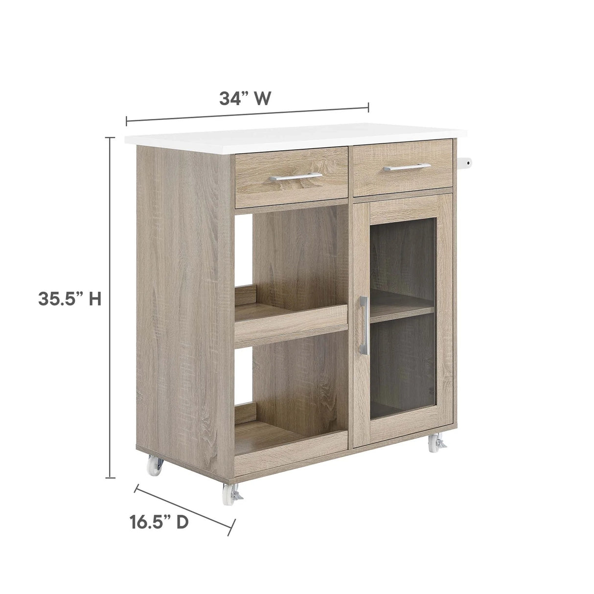 Modern Rolling Kitchen Cart with Rubberwood Top and Towel Bar β 34 Inch