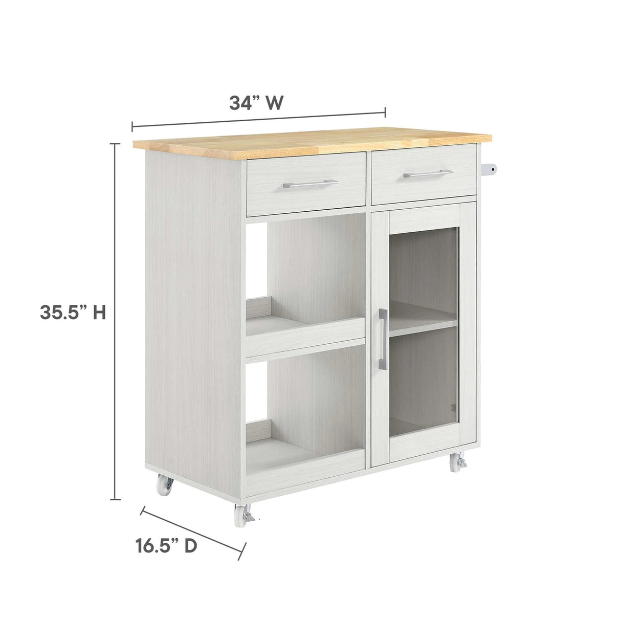 Modern Rolling Kitchen Cart with Rubberwood Top and Towel Bar β 34 Inch