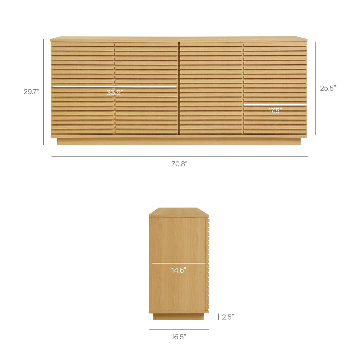 Mid-Century Fluted 4-Door Sideboard Cabinet – Wood Grain 71 Inch