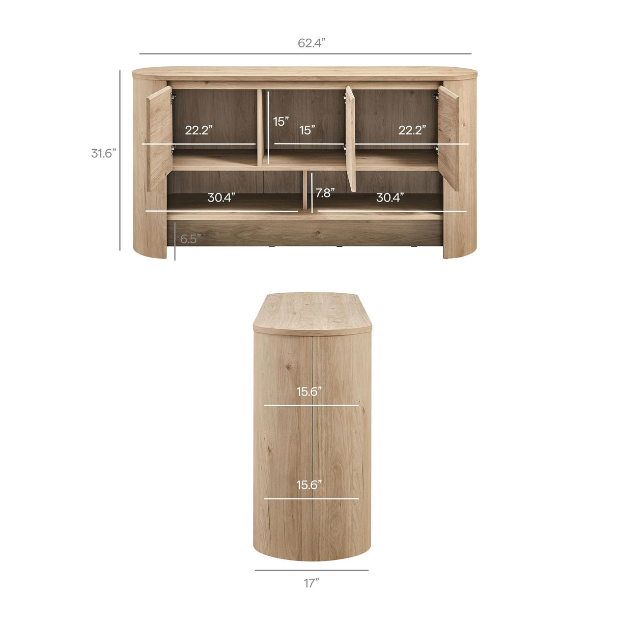 Oval Storage Sideboard Cabinet with Open Shelves – Wood Finish 62 Inch