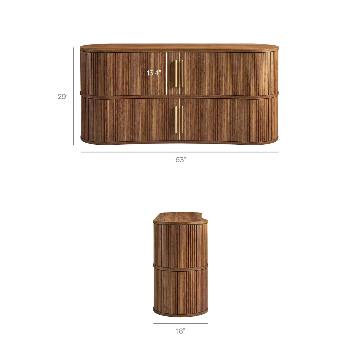 Curved Fluted Sideboard Storage Cabinet with Sliding Doors – Wood Finish 63 Inch