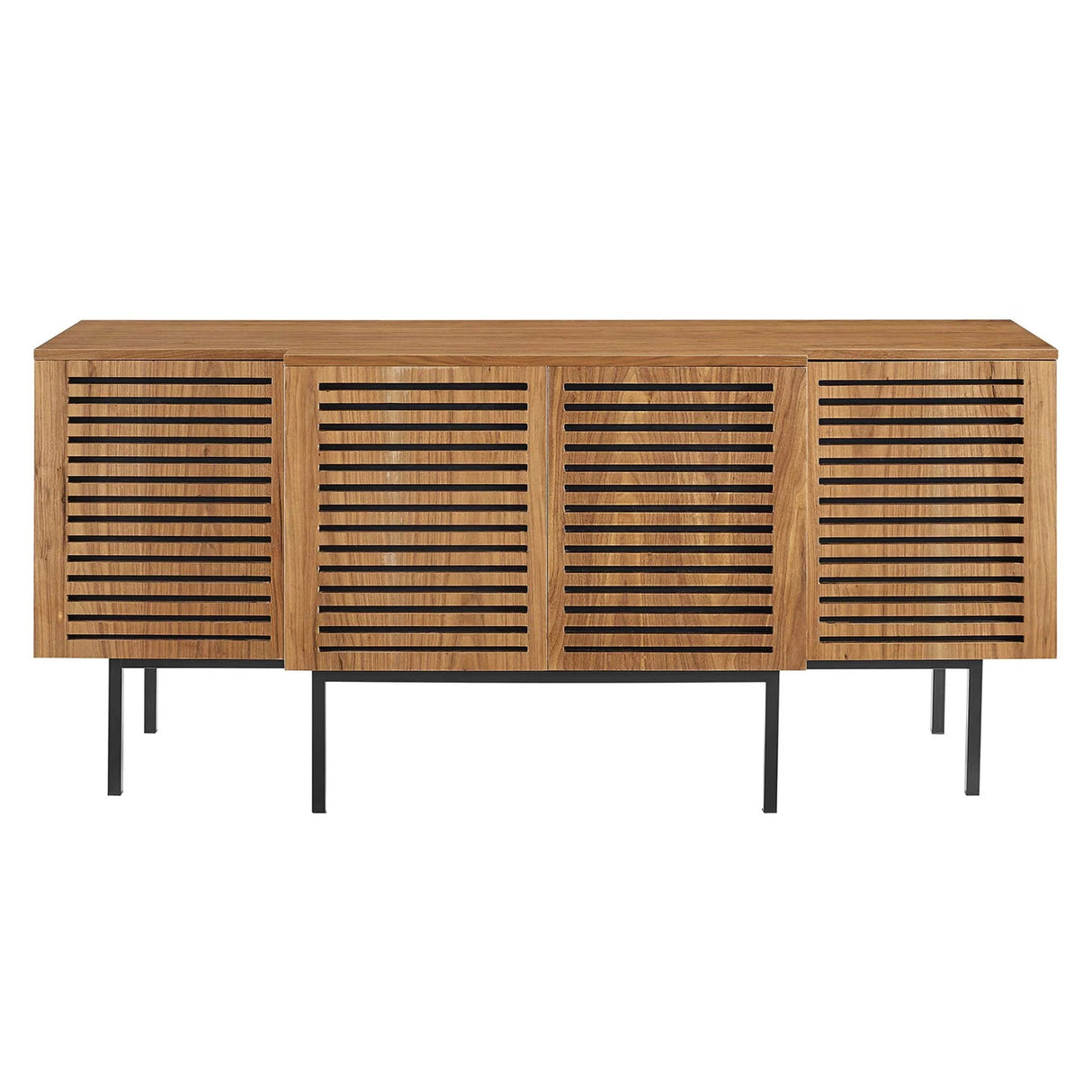 Slatted Wood Sideboard Storage Cabinet with Metal Legs – Walnut Finish 73 Inch