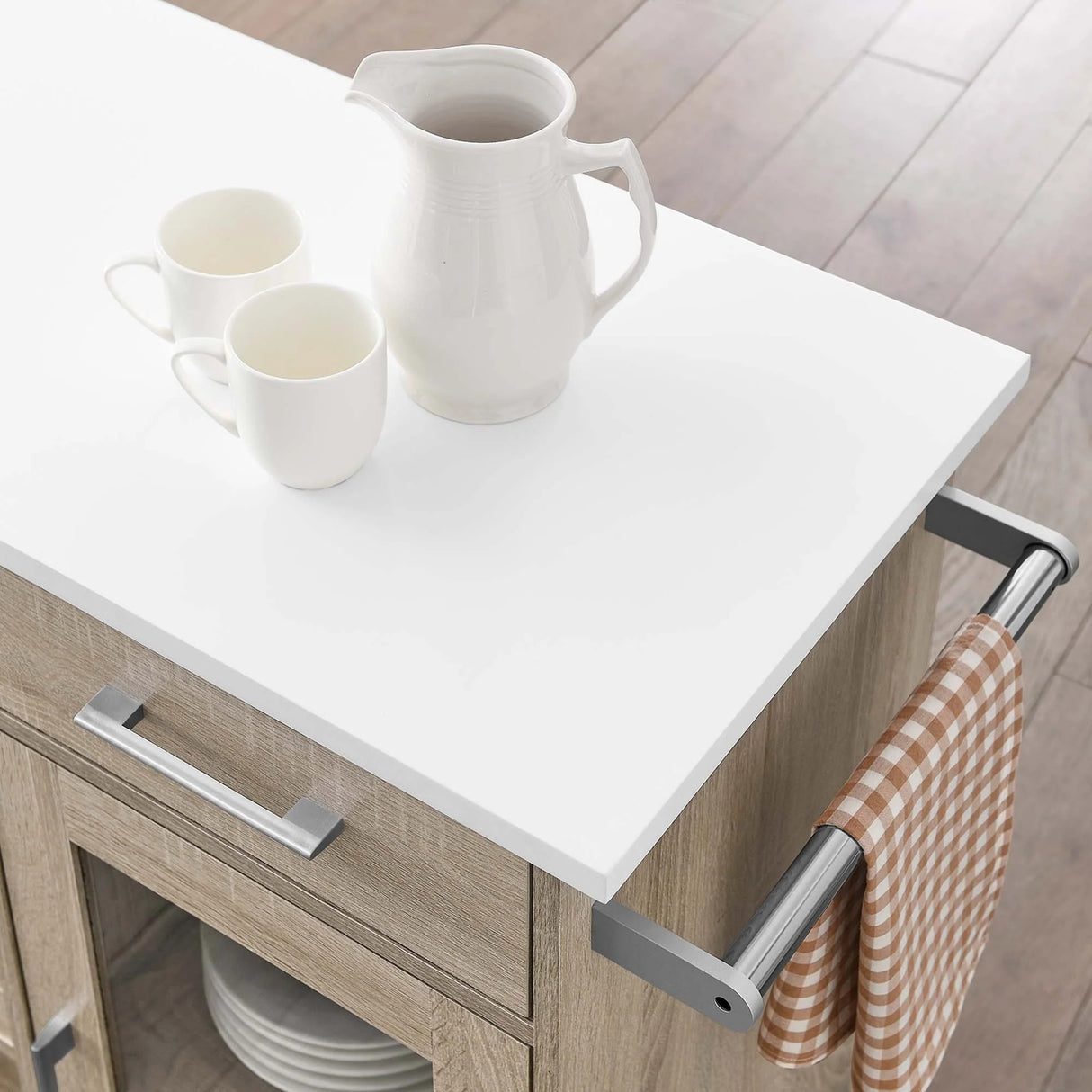Modern Rolling Kitchen Cart with Rubberwood Top and Towel Bar β 34 Inch