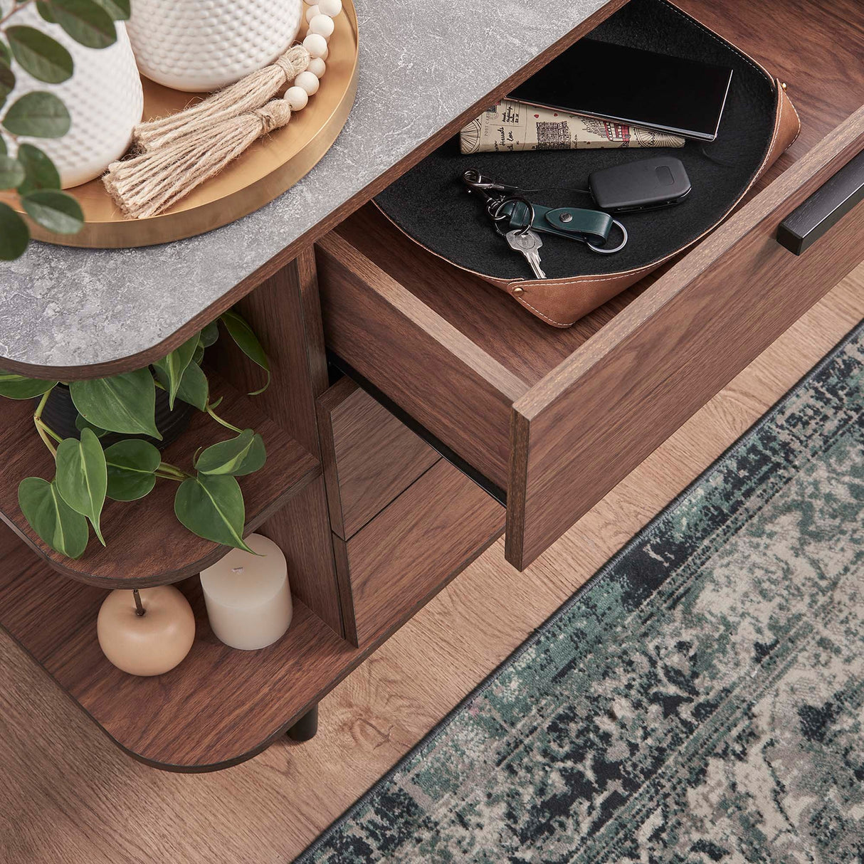 Open Display Sideboard Storage Cabinet with Drawers – Wood Grain Stone Top 63 Inch