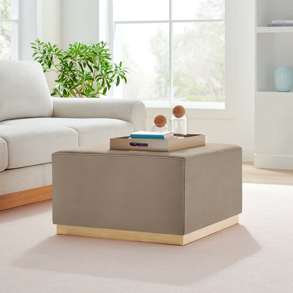 Square Velvet Upholstered Ottoman – Plinth Base 28 Inch