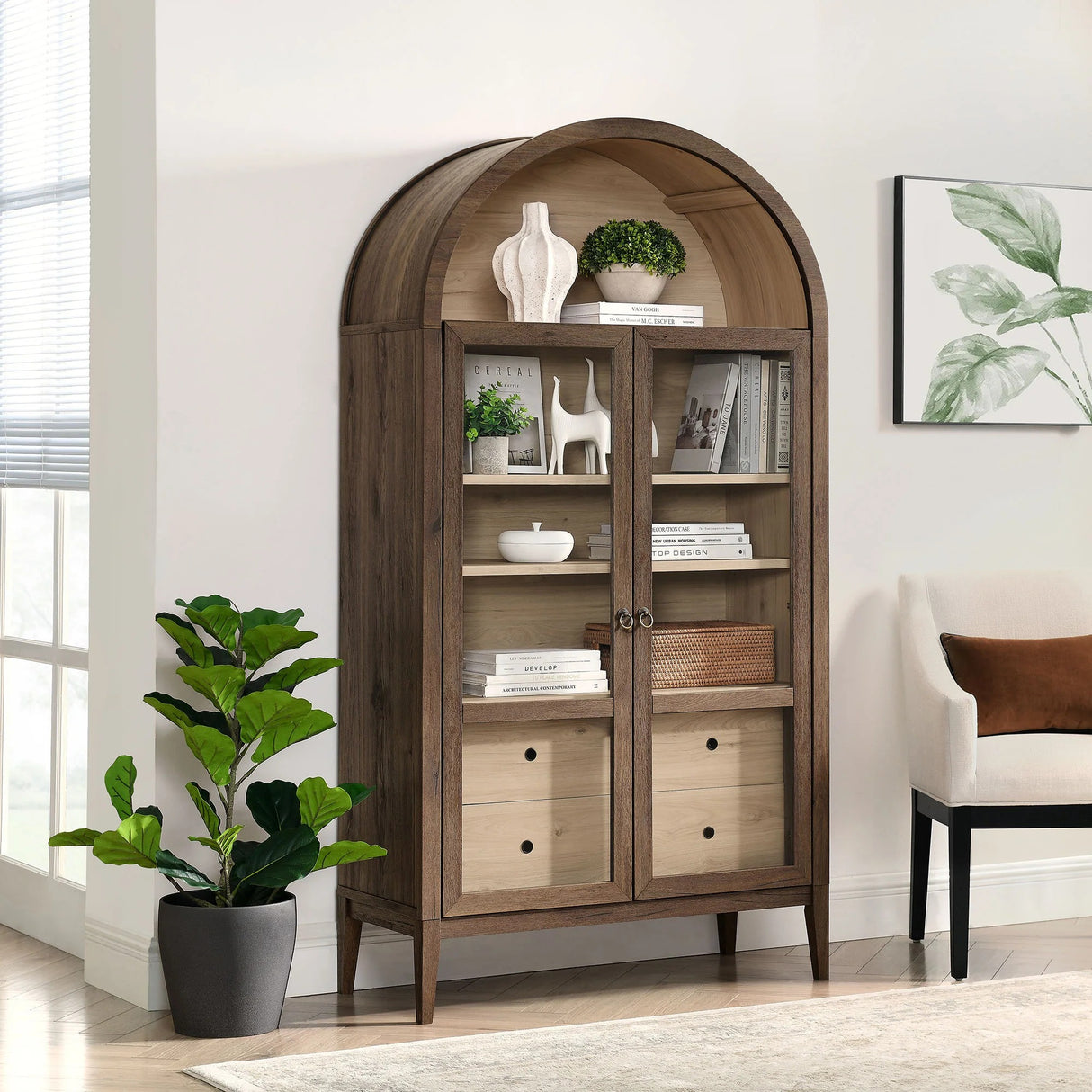 Modern Farmhouse Arched Tall Wood Storage Display Cabinet – Wood Grain 74 Inch