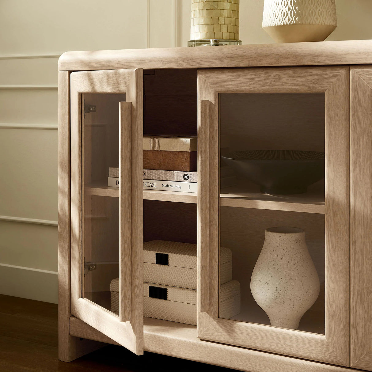 Modern Farmhouse 4-Door Glass Sideboard Storage Cabinet – Wood Grain 63 Inch