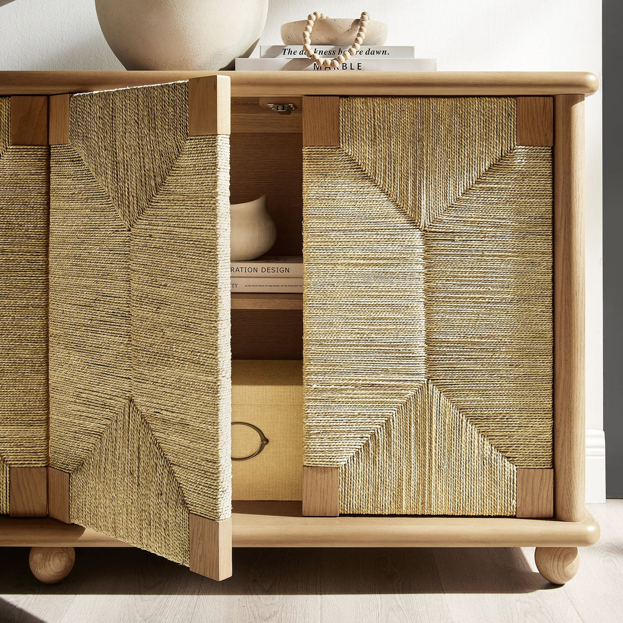Seagrass Door Sideboard Storage Cabinet – Oak Wood 71 Inch
