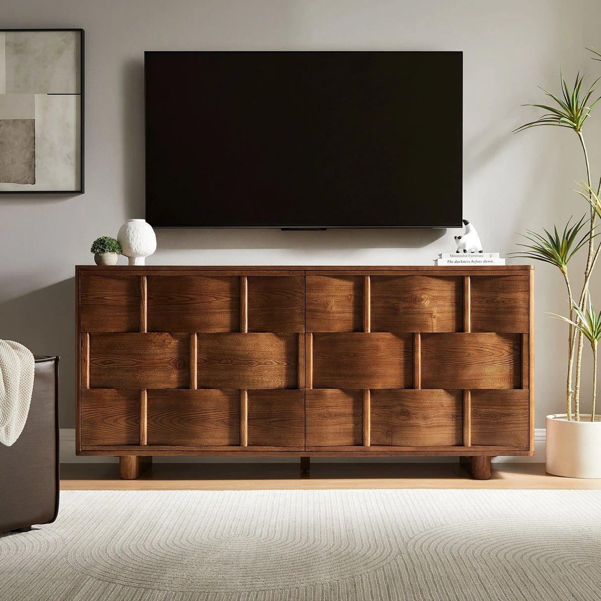 Woven Pattern Sideboard Storage Cabinet – Wood Finish 71 Inch