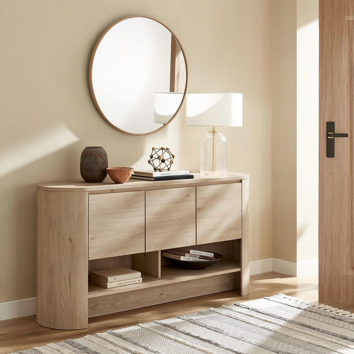 Oval Storage Sideboard Cabinet with Open Shelves – Wood Finish 62 Inch