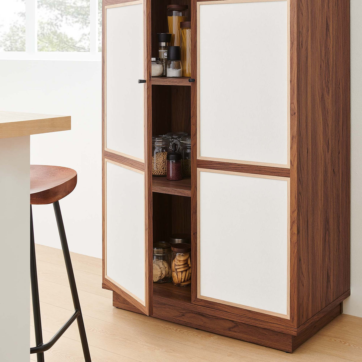 Walnut Wood Grain Tall Storage Cabinet with Linen Textured Doors – 70 Inch