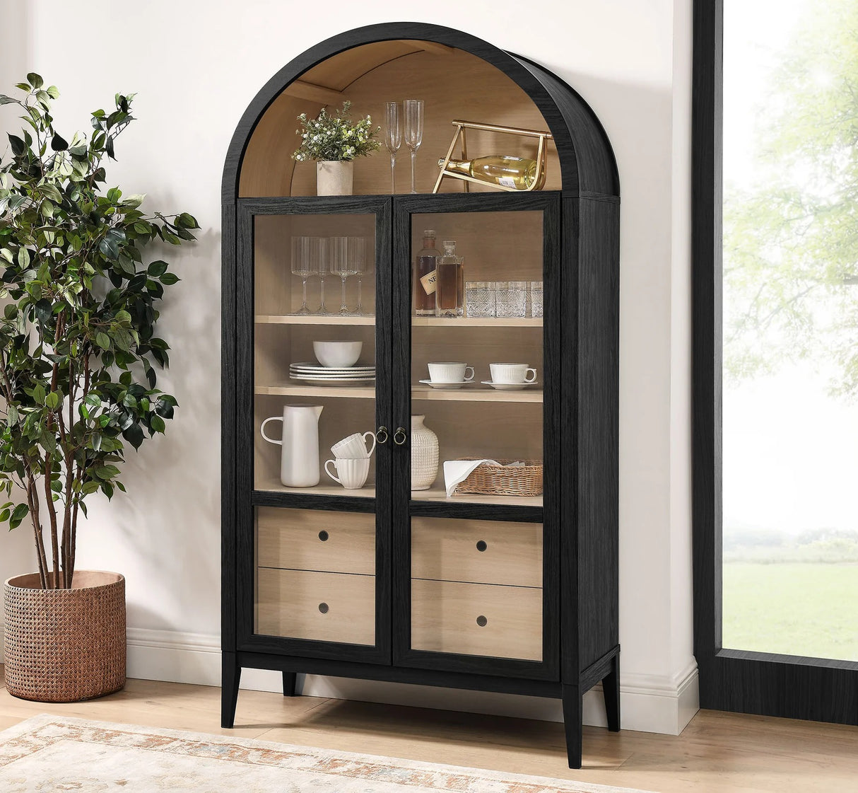 Modern Farmhouse Arched Tall Wood Storage Display Cabinet – Wood Grain 74 Inch