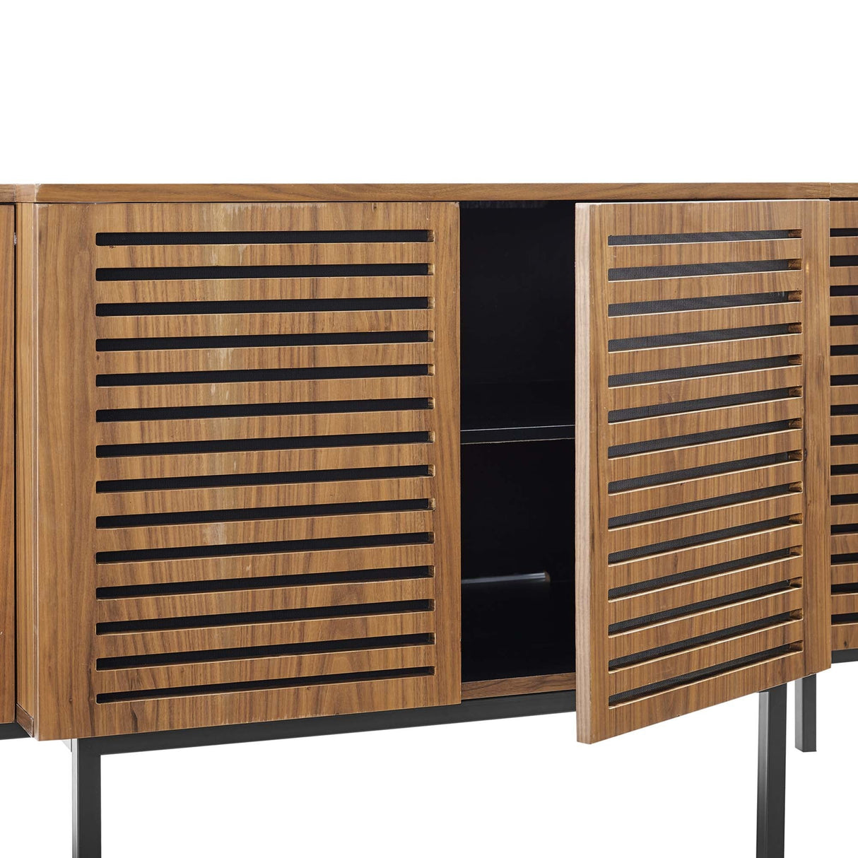 Slatted Wood Sideboard Storage Cabinet with Metal Legs – Walnut Finish 73 Inch