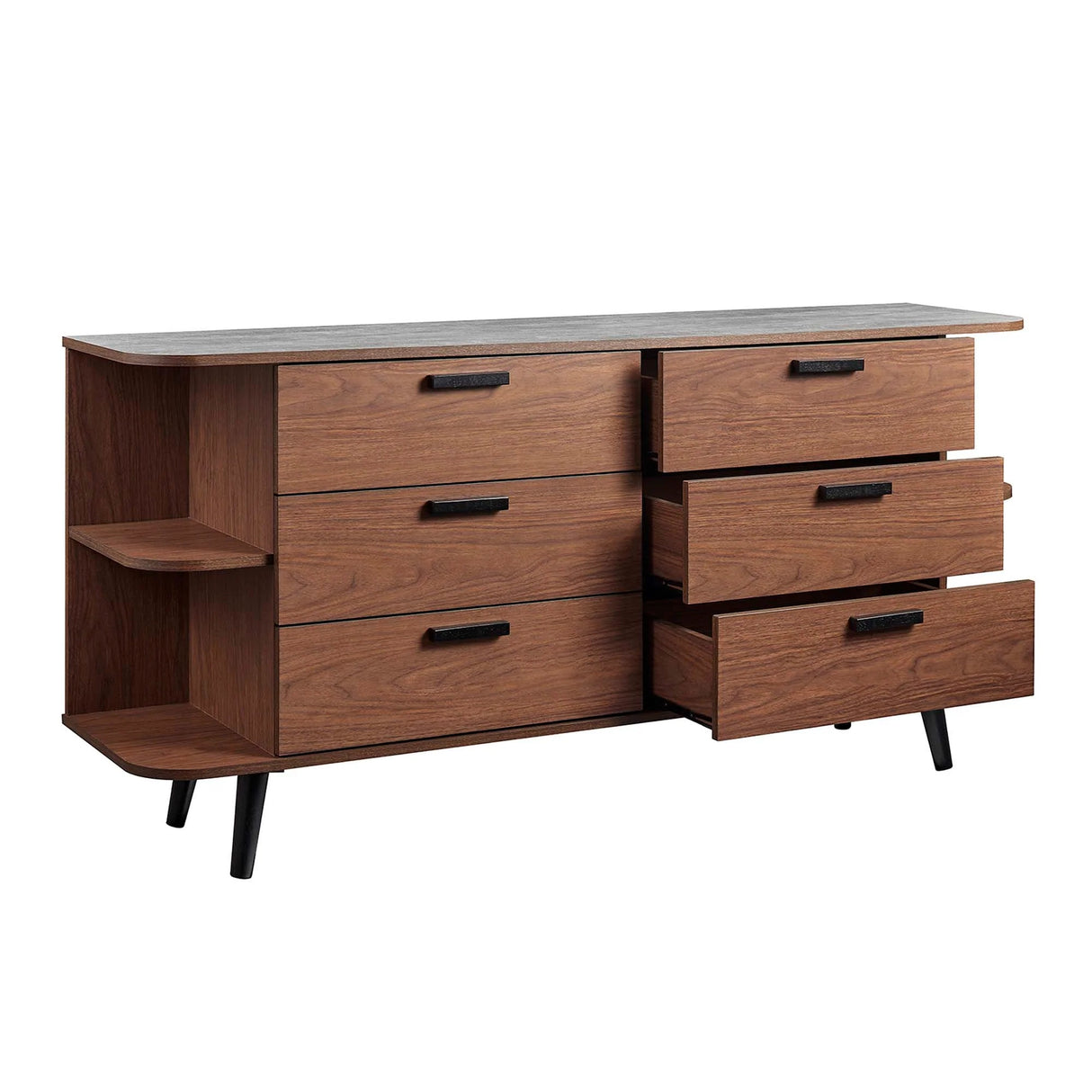 Open Display Sideboard Storage Cabinet with Drawers – Wood Grain Stone Top 63 Inch