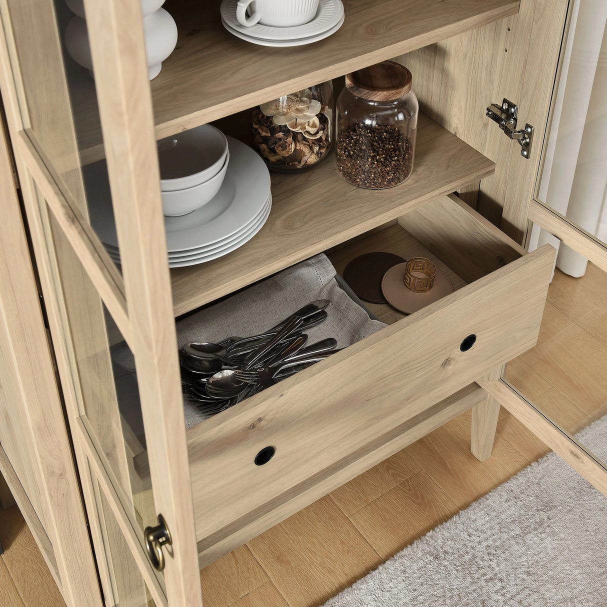Modern Farmhouse Arched Tall Wood Storage Display Cabinet – Wood Grain 71 Inch