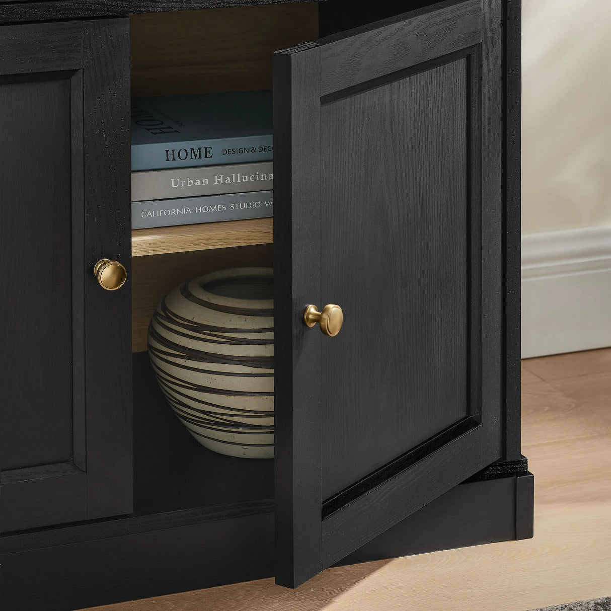 Modern Black Oak Wood Grain 3-Door Large Storage Display Cabinet – 79 Inch