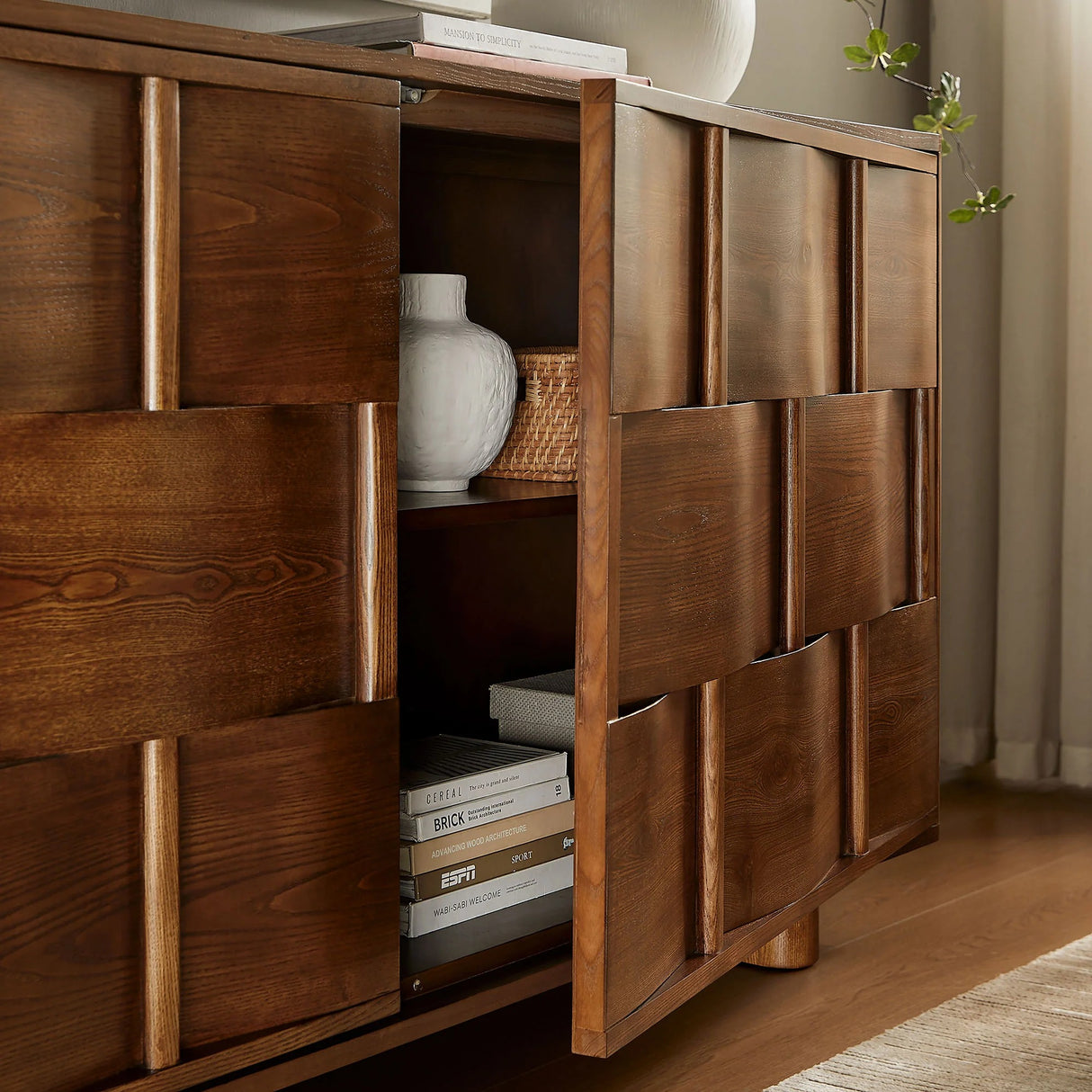 Woven Pattern Sideboard Storage Cabinet – Wood Finish 71 Inch