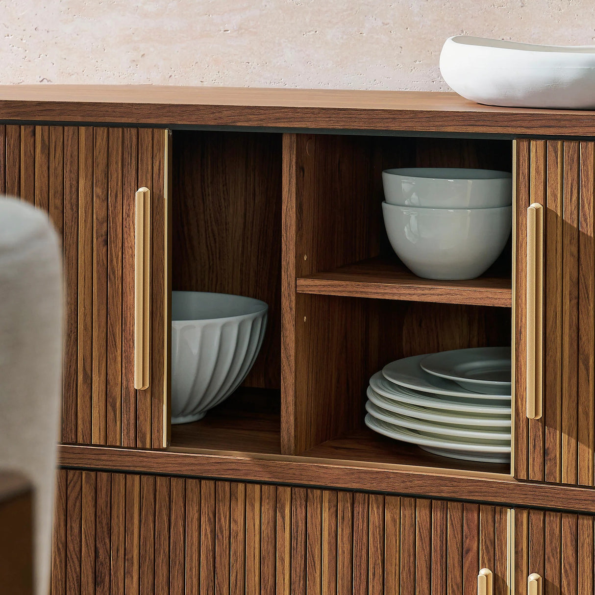 Curved Fluted Sideboard Storage Cabinet with Sliding Doors – Wood Finish 63 Inch