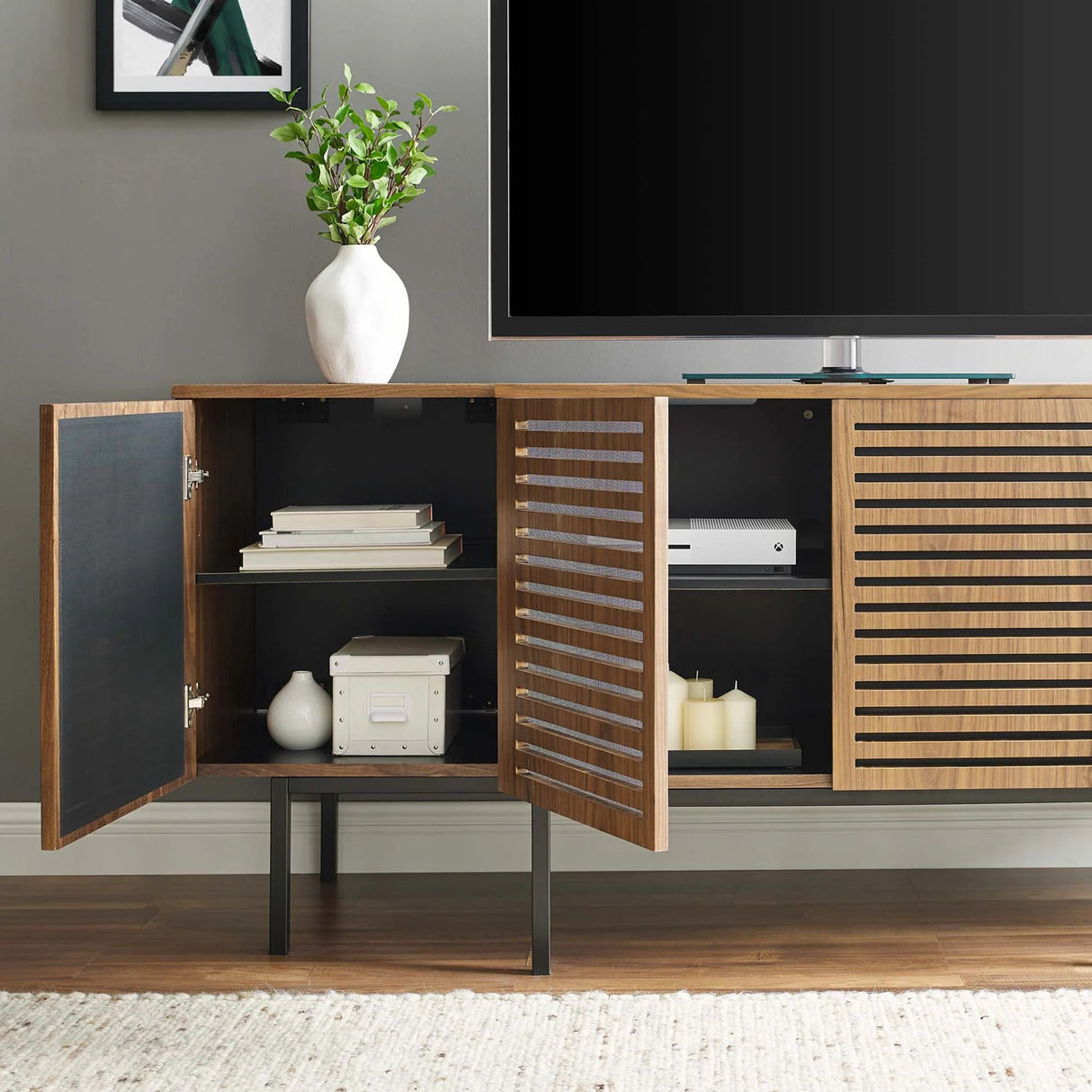 Slatted Wood Sideboard Storage Cabinet with Metal Legs – Walnut Finish 73 Inch