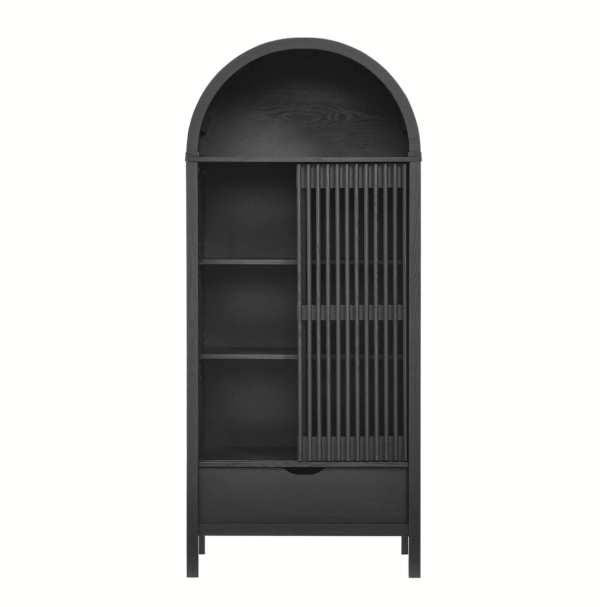 Modern Slatted Sliding Door Arched Tall Storage Cabinet – 71 Inch