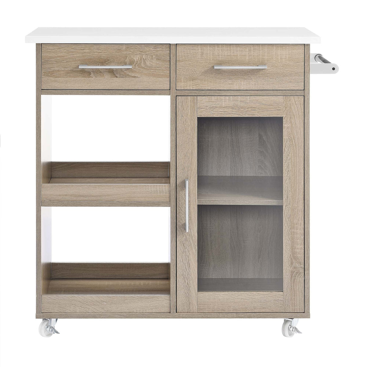 Modern Rolling Kitchen Cart with Rubberwood Top and Towel Bar β 34 Inch
