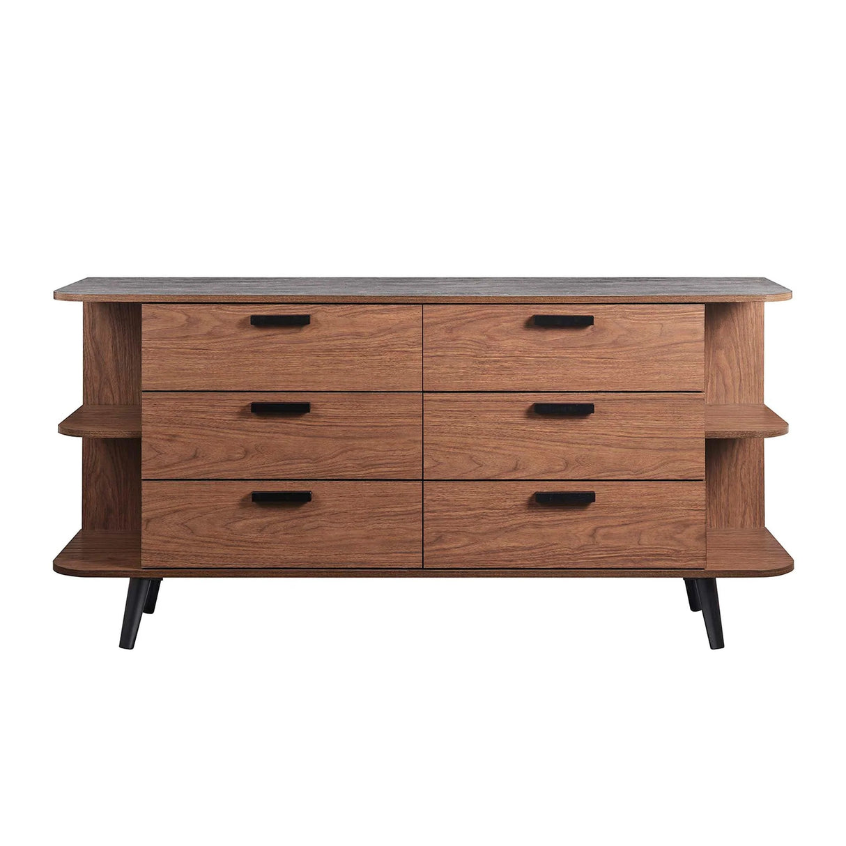 Open Display Sideboard Storage Cabinet with Drawers – Wood Grain Stone Top 63 Inch