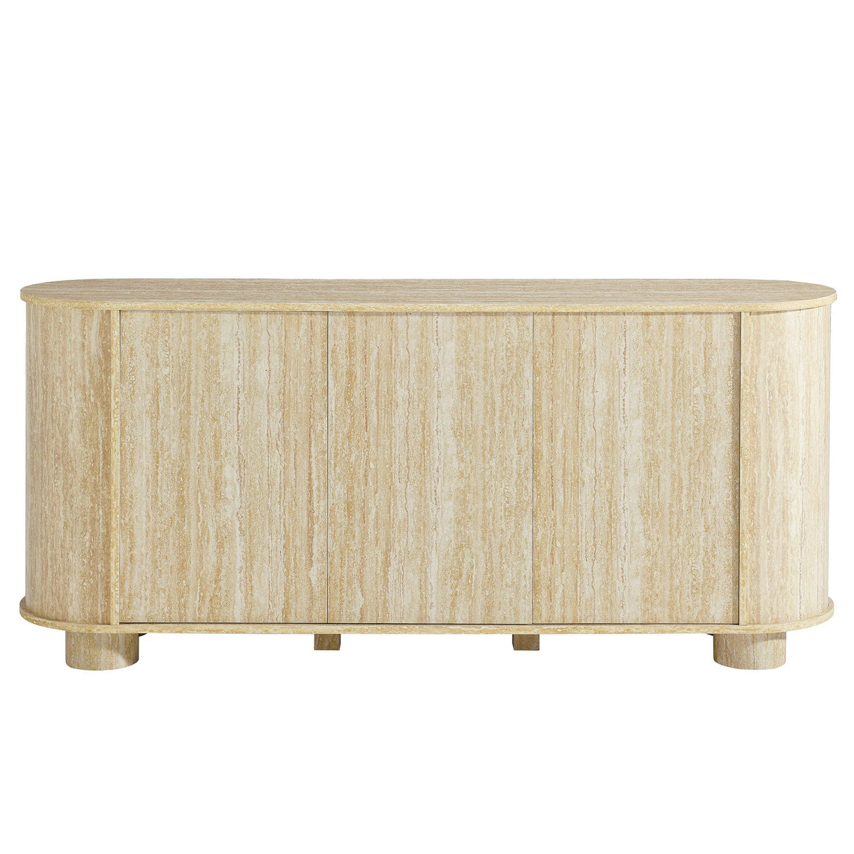 Oval Faux Travertine Sideboard Storage Cabinet – Beige Stone Finish 63 Inch