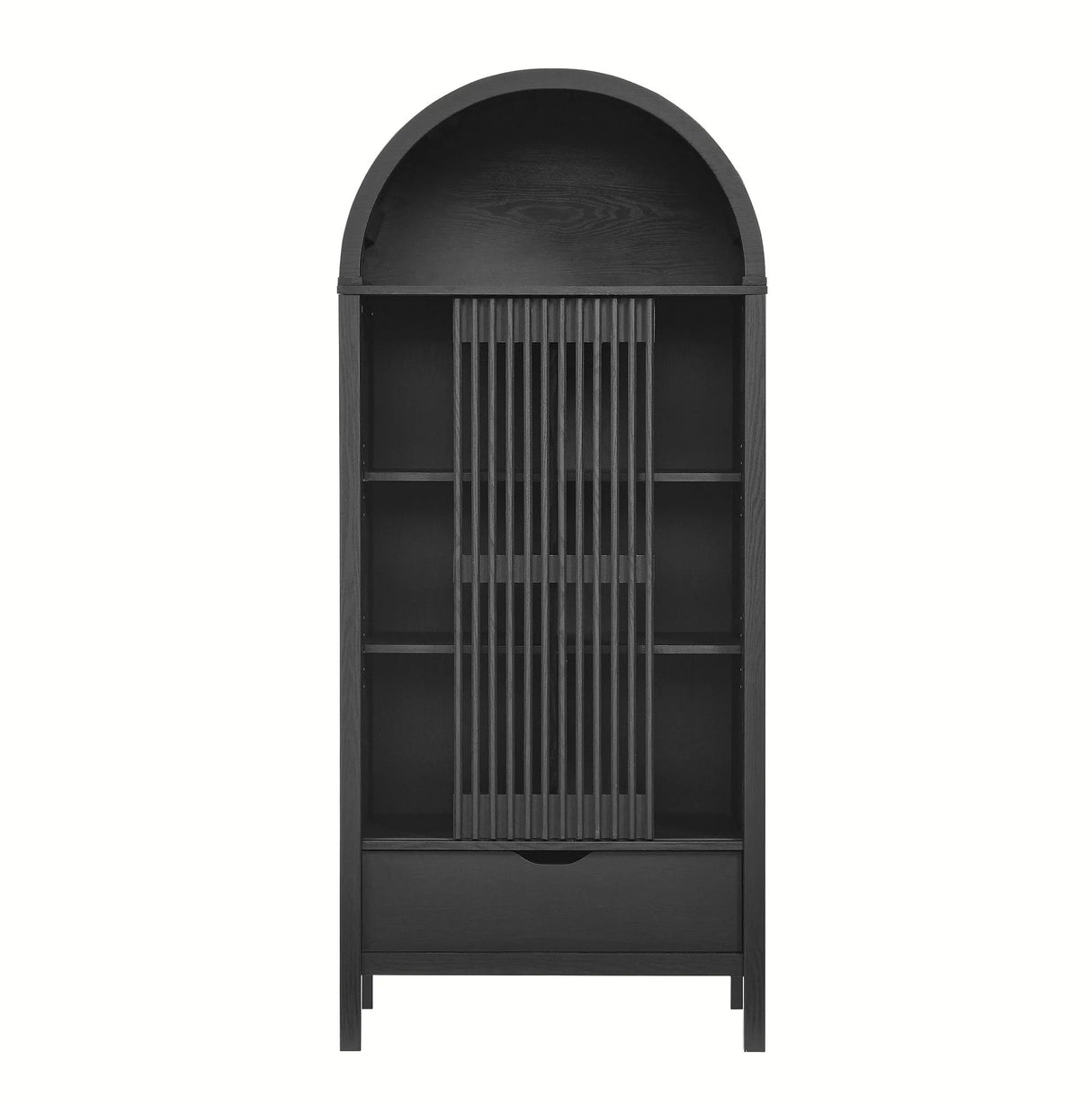 Modern Slatted Sliding Door Arched Tall Storage Cabinet – 71 Inch