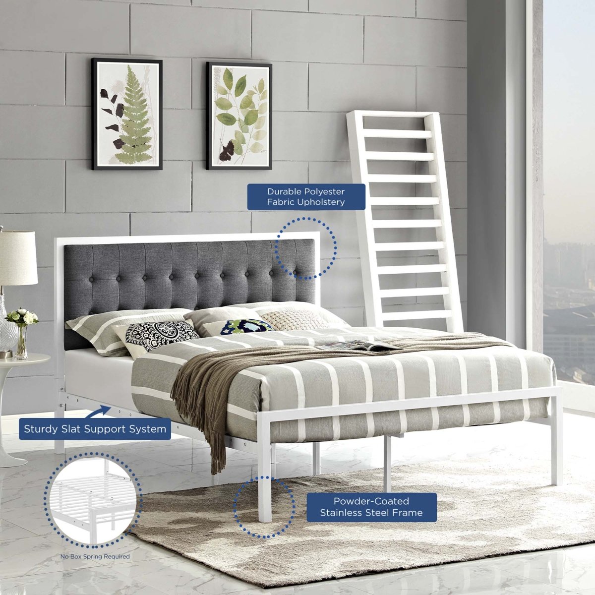 King Tufted Button Fabric and Steel Platform Bed in White Gray - Platform Bed available at Alpine Outlets in Denver