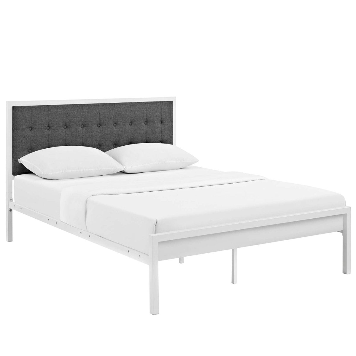 King Tufted Button Fabric and Steel Platform Bed in White Gray - Platform Bed available at Alpine Outlets in Denver