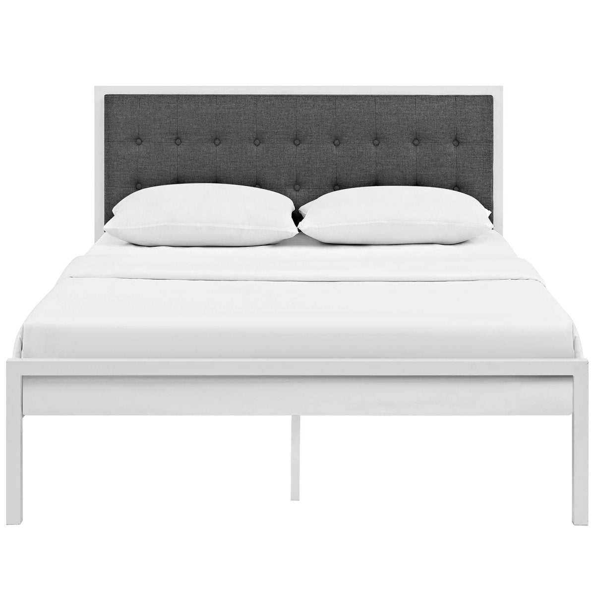 King Tufted Button Fabric and Steel Platform Bed in White Gray - Platform Bed available at Alpine Outlets in Denver