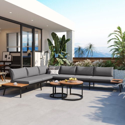 Large Outdoor L - Shaped Sectional with Cushions and Nesting Coffee Tables – Grey - Outdoor Furniture Sets available at Alpine Outlets in Denver