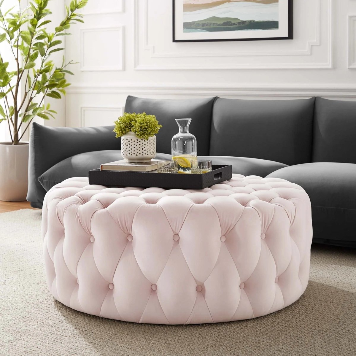 Large Round Tufted Velvet Ottoman – Upholstered 40 Inch - Ottomans available at Alpine Outlets in Denver
