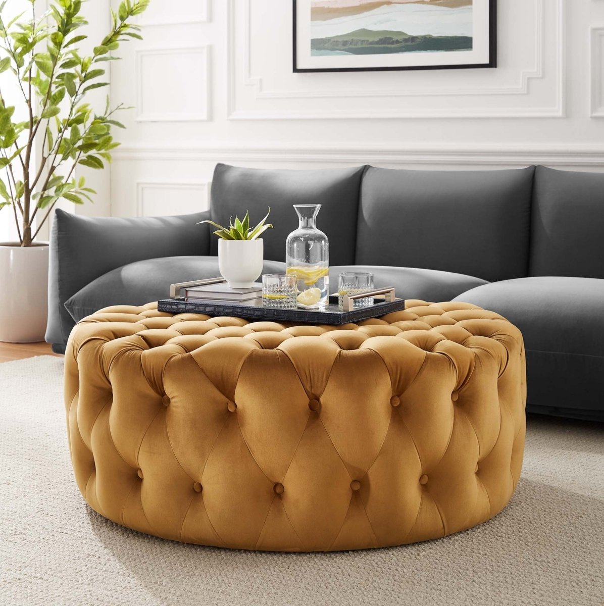 Large Round Tufted Velvet Ottoman – Upholstered 40 Inch - Ottomans available at Alpine Outlets in Denver