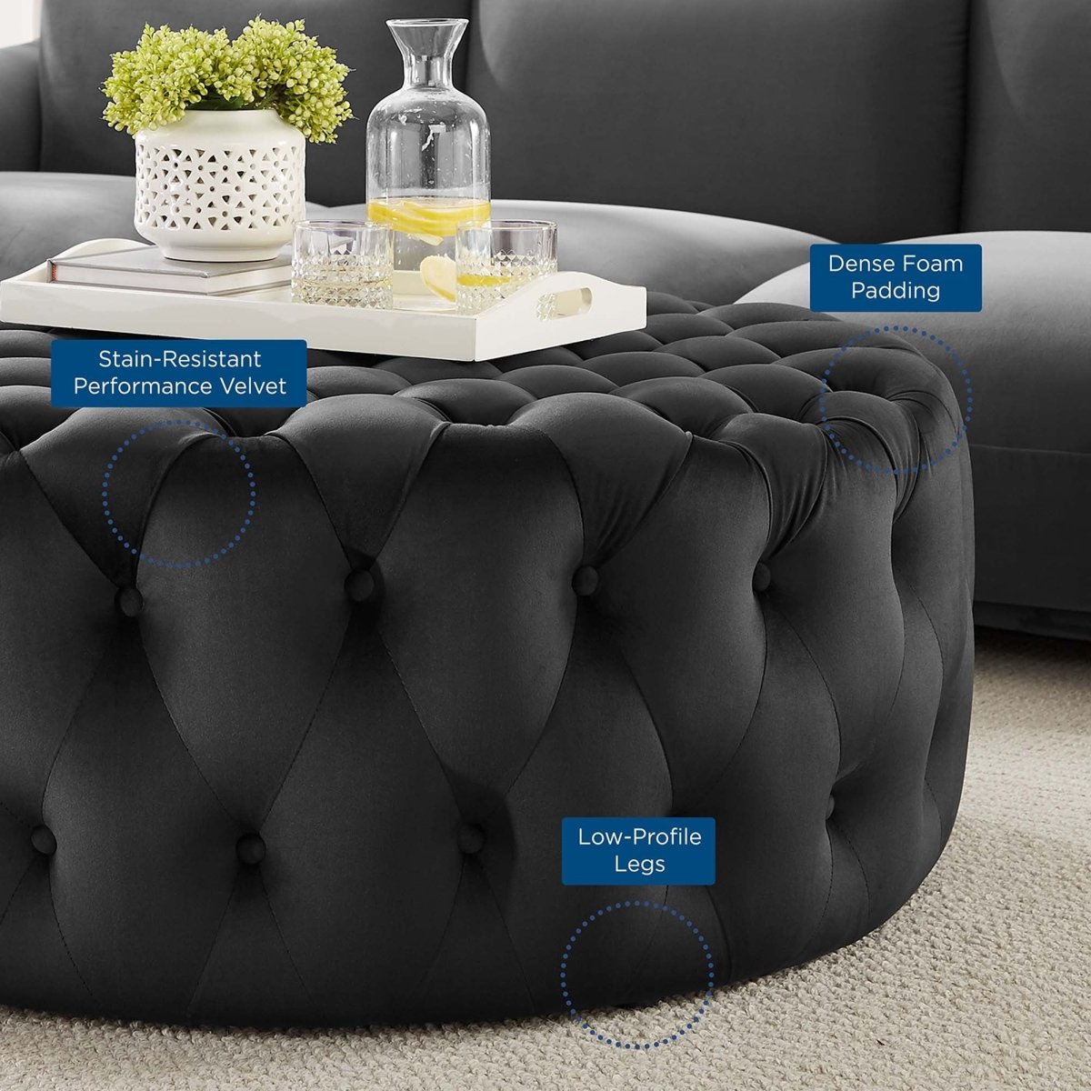 Large Round Tufted Velvet Ottoman – Upholstered 40 Inch - Ottomans available at Alpine Outlets in Denver