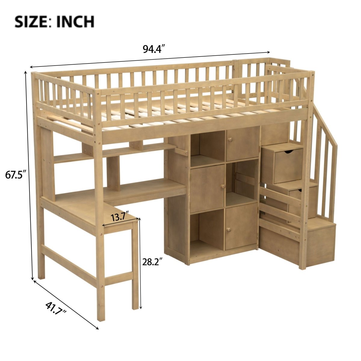 Loft Bed With Built In L Shaped Desk, LED Lights, Storage Shelves, Cabinets, And Staircase - Loft Beds available at Alpine Outlets in Denver