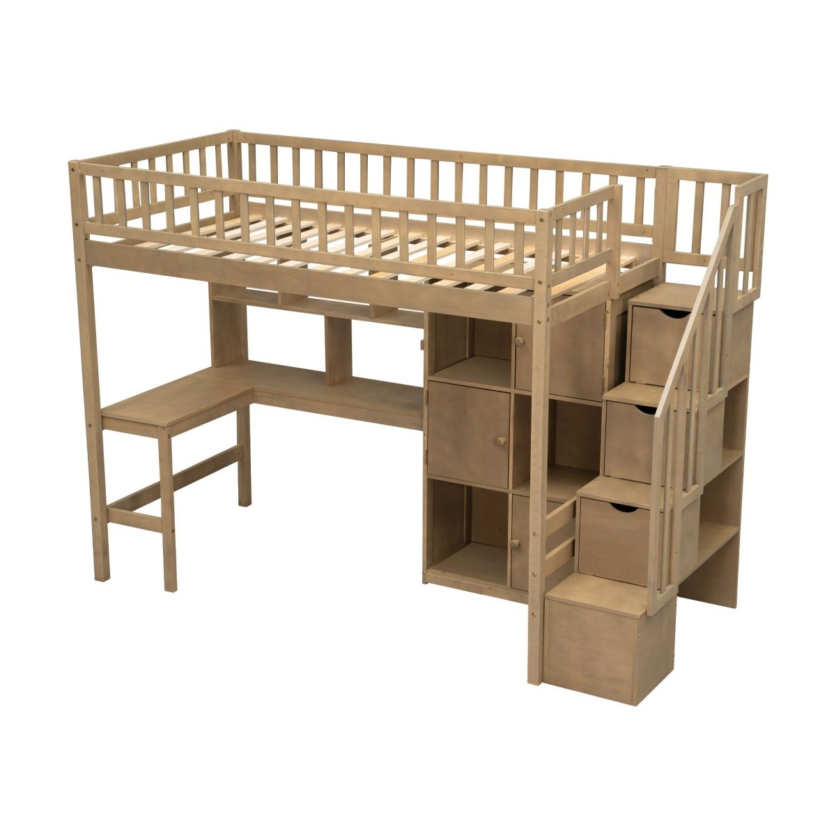 Loft Bed With Built In L Shaped Desk, LED Lights, Storage Shelves, Cabinets, And Staircase - Loft Beds available at Alpine Outlets in Denver