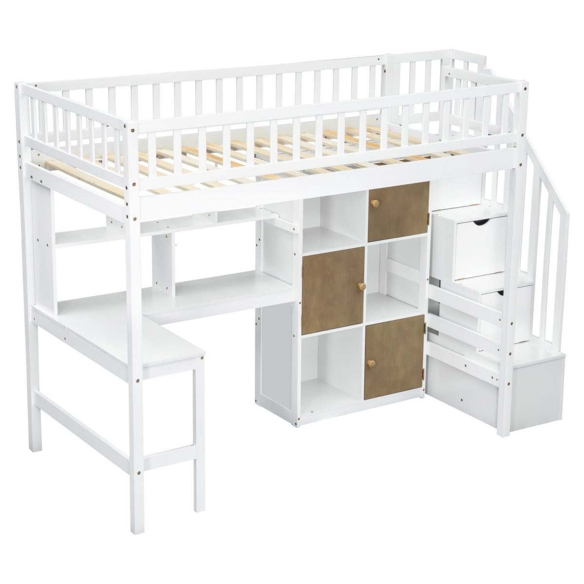Loft Bed With Built In L Shaped Desk, LED Lights, Storage Shelves, Cabinets, And Staircase - Loft Beds available at Alpine Outlets in Denver