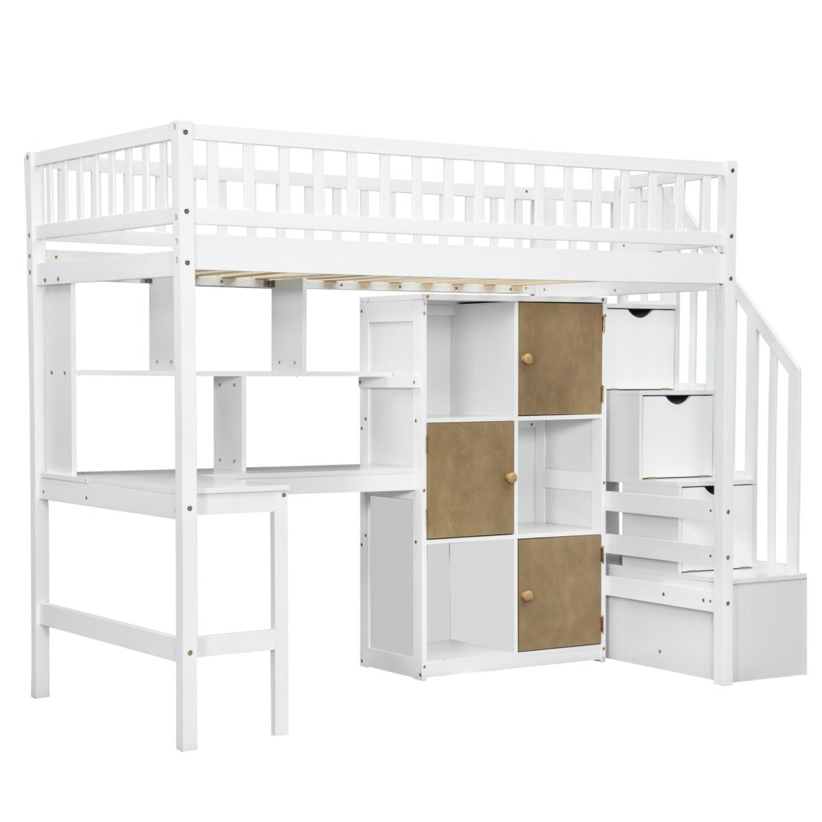 Loft Bed With Built In L Shaped Desk, LED Lights, Storage Shelves, Cabinets, And Staircase - Loft Beds available at Alpine Outlets in Denver