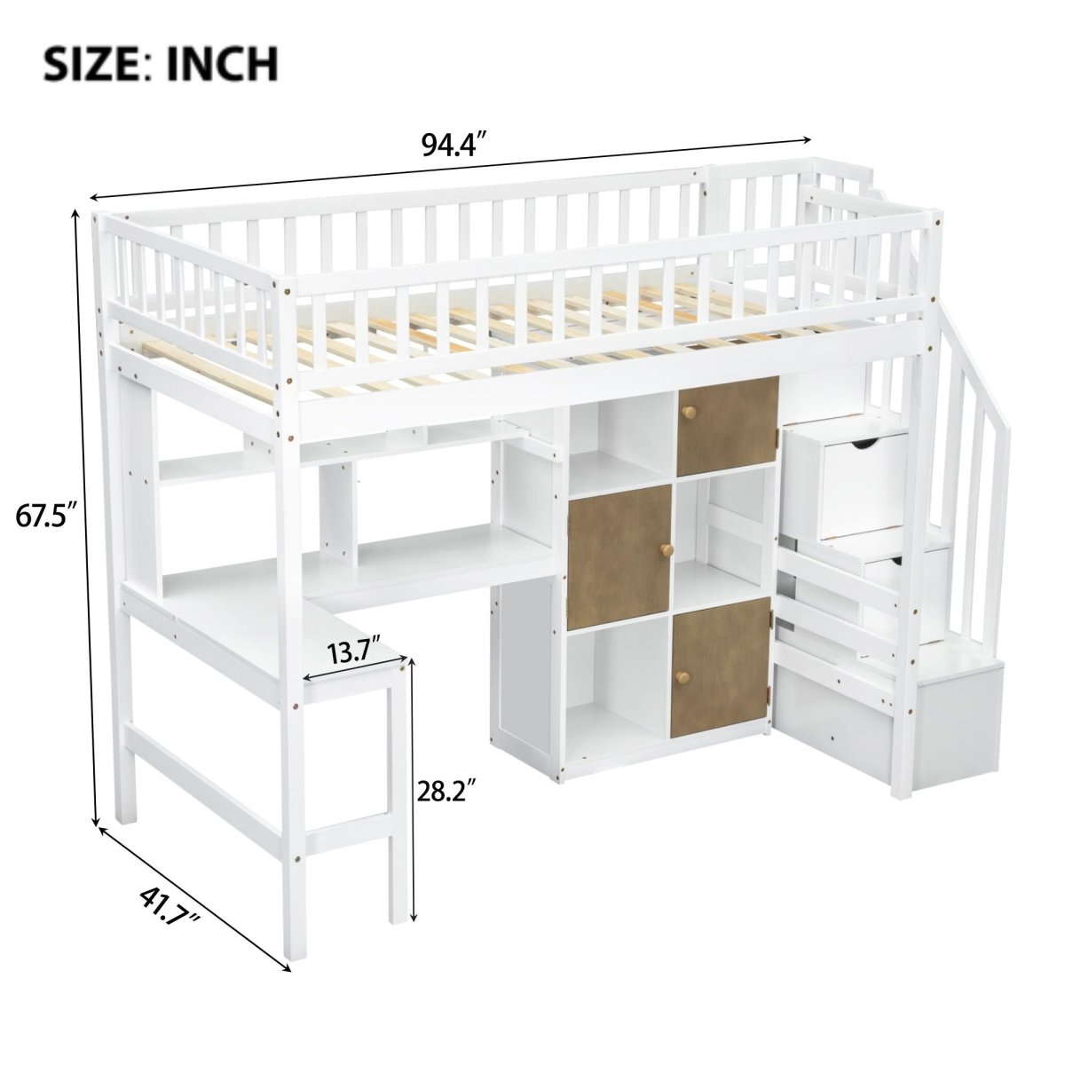 Loft Bed With Built In L Shaped Desk, LED Lights, Storage Shelves, Cabinets, And Staircase - Loft Beds available at Alpine Outlets in Denver