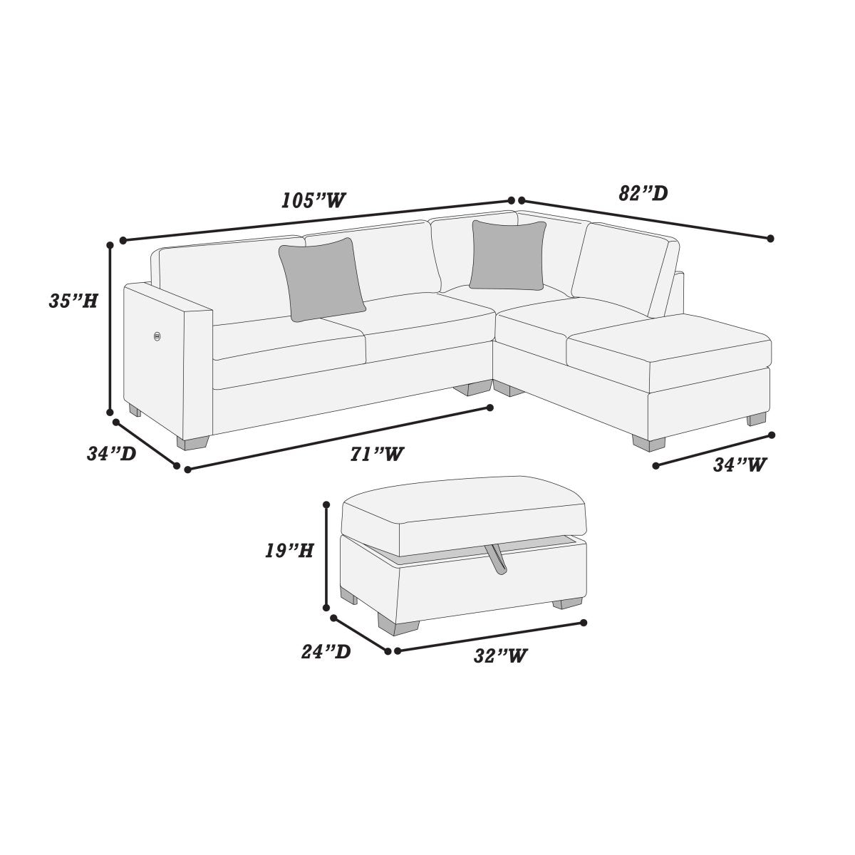 Lynmere 3-Piece Corduroy Sectional with USB & Storage Ottoman in 4 Colors - Living Room Furniture - Alpine Outlets