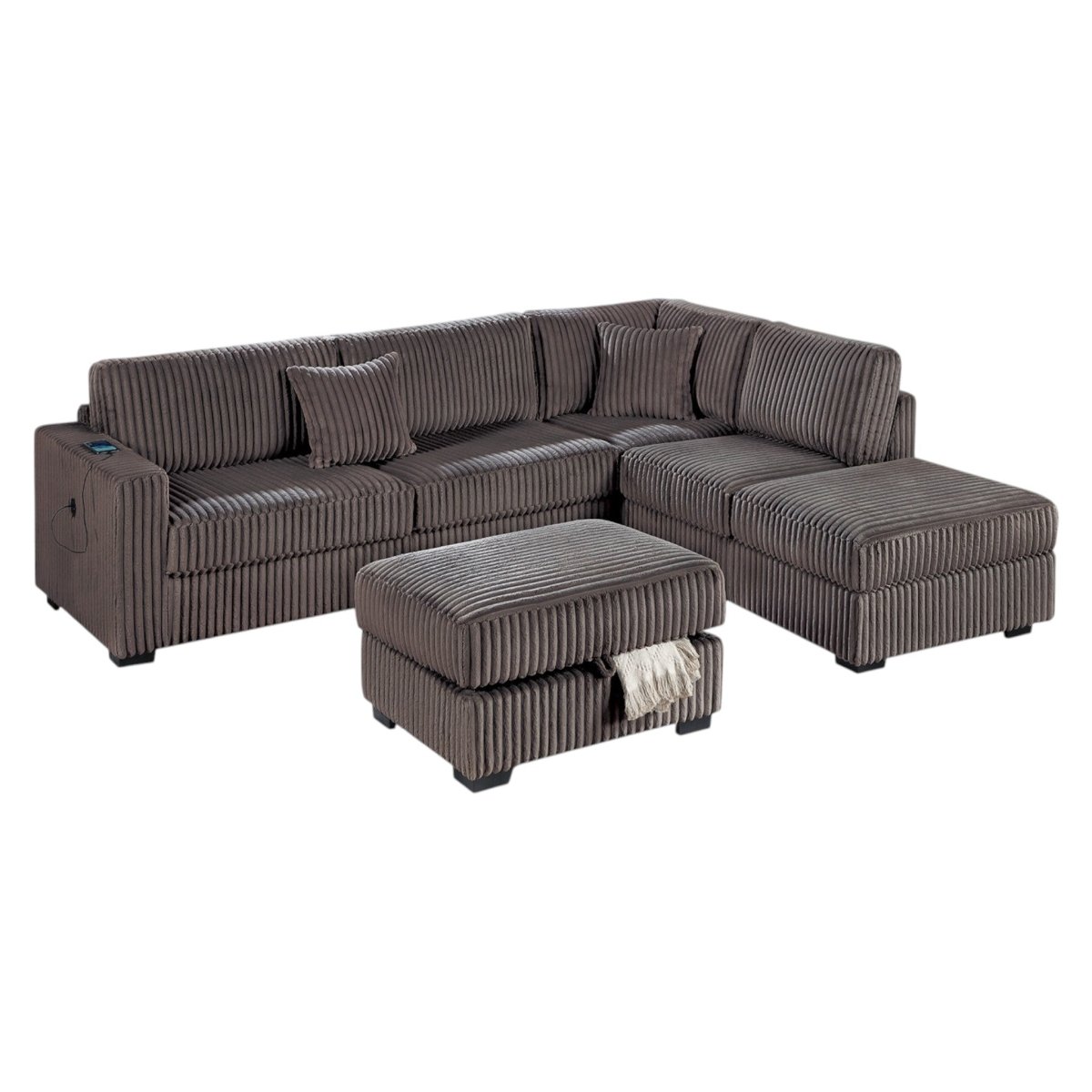 Lynmere 3-Piece Corduroy Sectional with USB & Storage Ottoman in 4 Colors - Living Room Furniture - Alpine Outlets