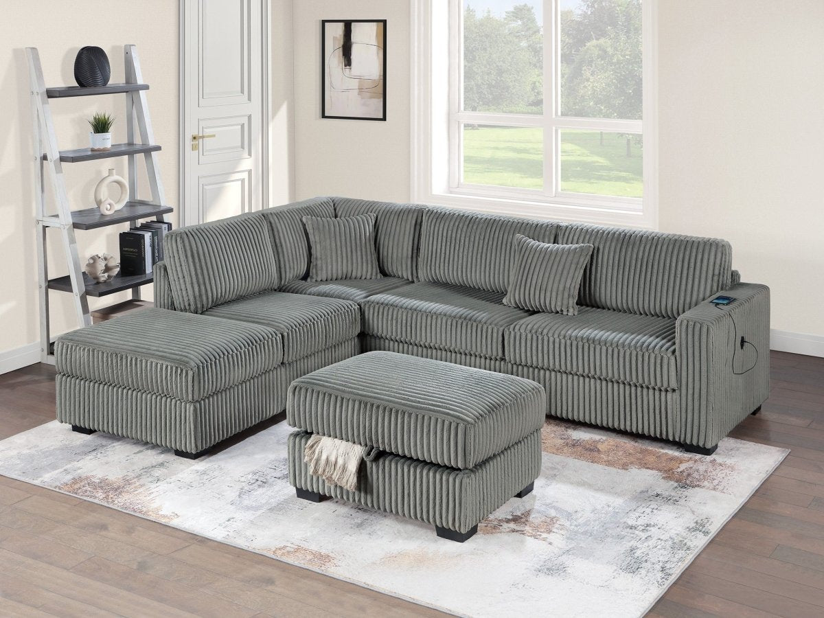 Lynmere 3-Piece Corduroy Sectional with USB & Storage Ottoman in 4 Colors - Living Room Furniture - Alpine Outlets