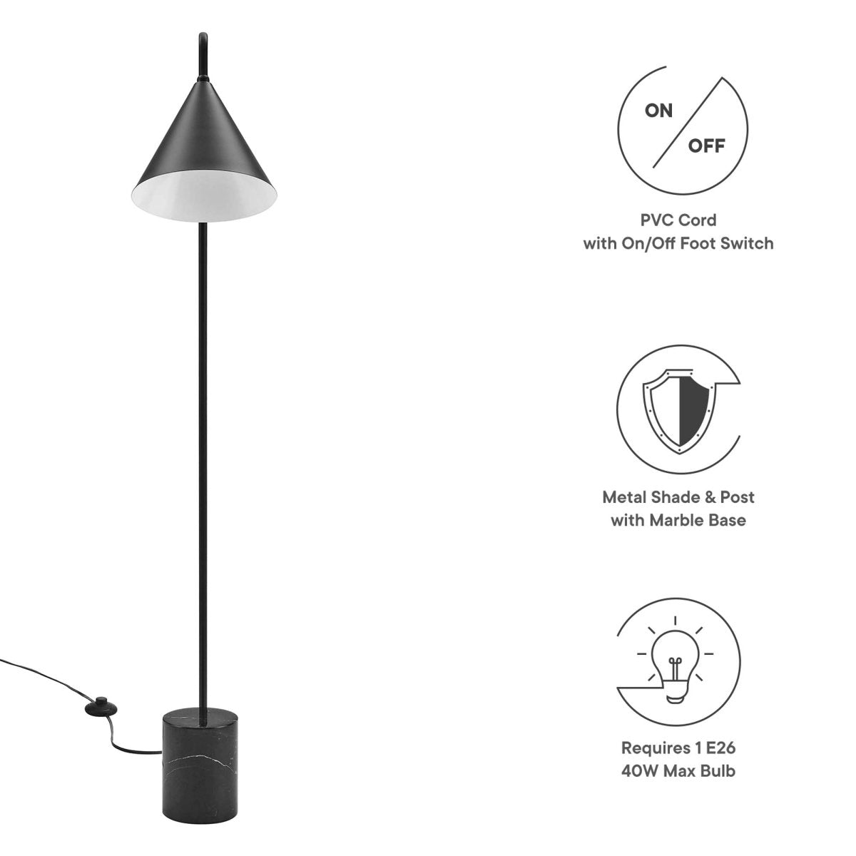 58" Marble Base Floor Lamp with Metal Shade β Black - Lighting - Alpine Outlets