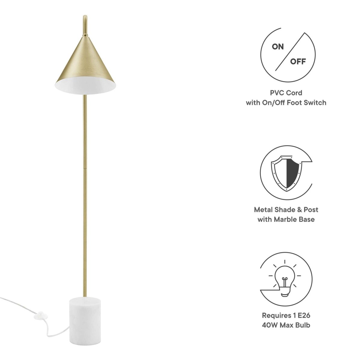 58" Marble Base Floor Lamp with Metal Shade β Satin Brass - Lighting - Alpine Outlets
