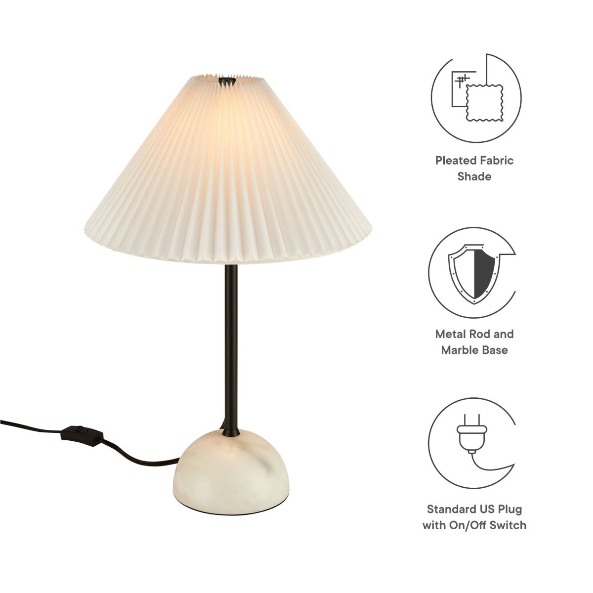 Marble Dome Table Lamp with Pleated Fabric Shade – Black - Lighting - Alpine Outlets