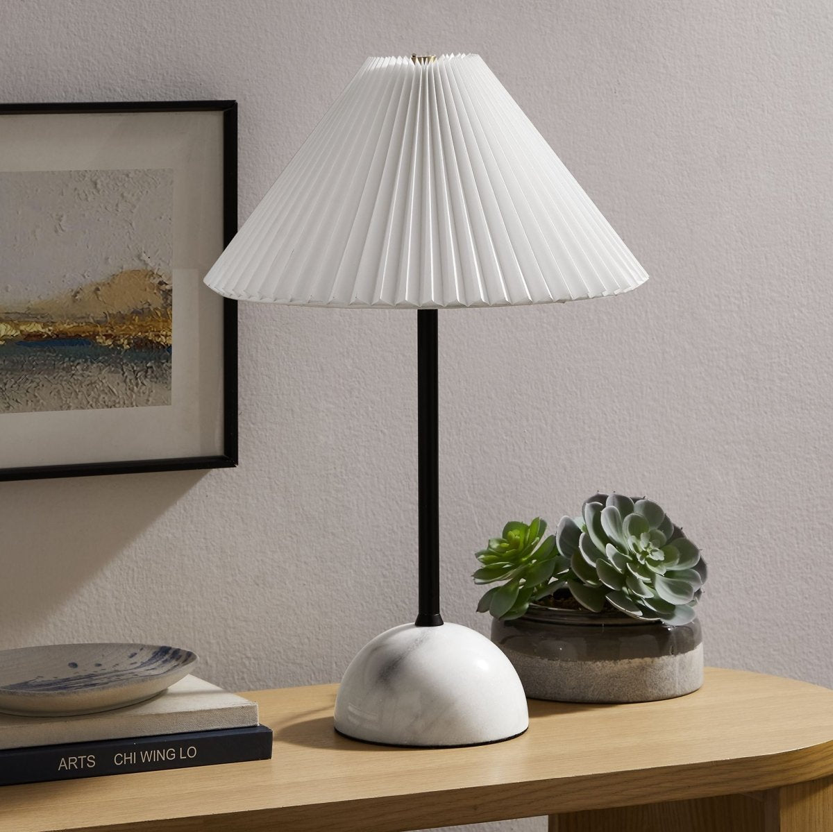 Marble Dome Table Lamp with Pleated Fabric Shade – Black - Lighting - Alpine Outlets