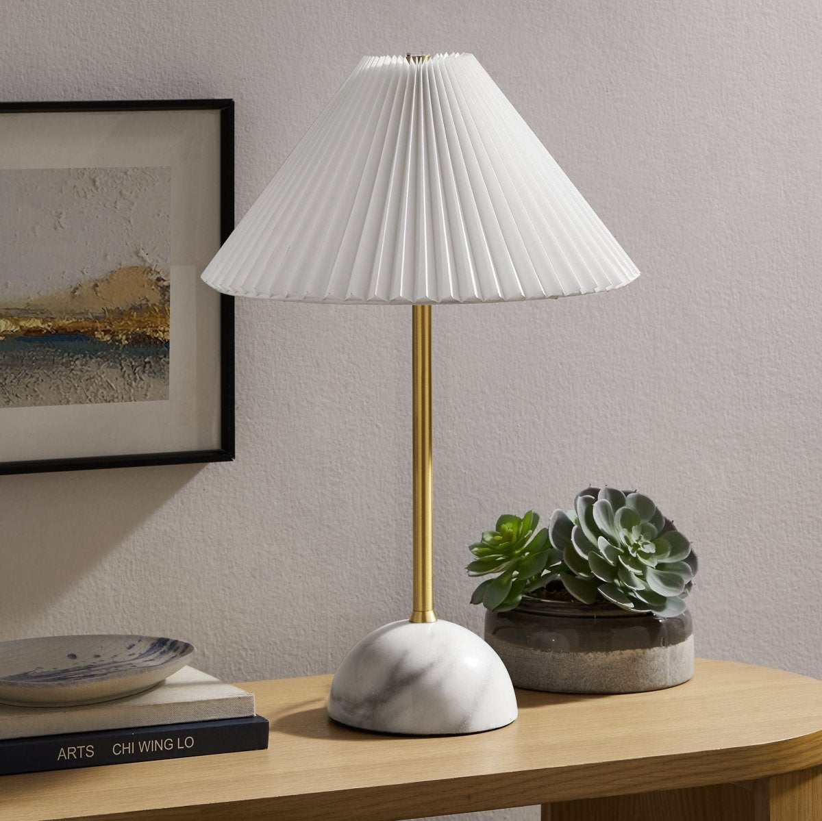 Marble Dome Table Lamp with Pleated Fabric Shade – Brass - Lighting - Alpine Outlets