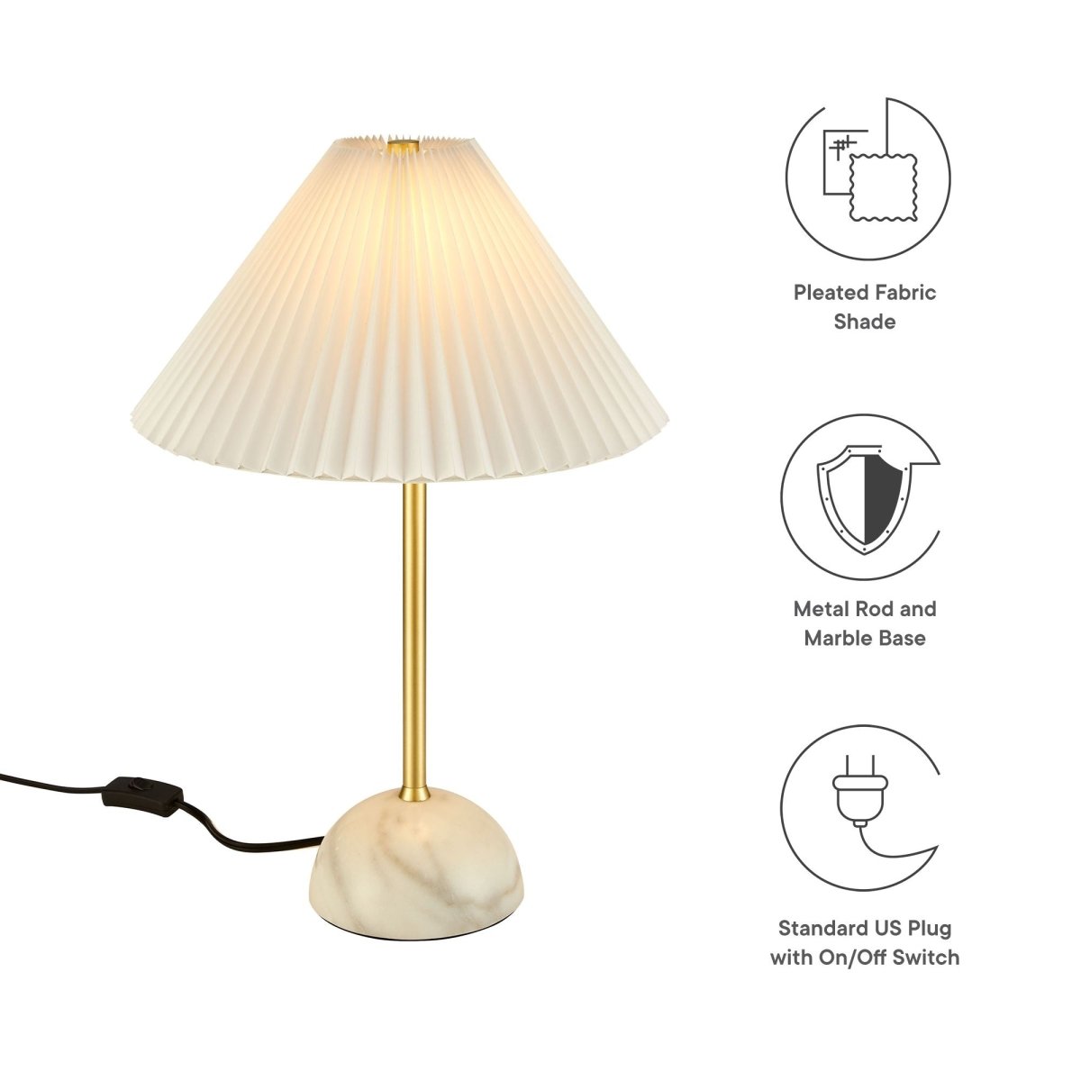 Marble Dome Table Lamp with Pleated Fabric Shade – Brass - Lighting - Alpine Outlets